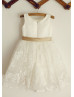 Ivory Satin Lace Knee Length Flower Girl Dress